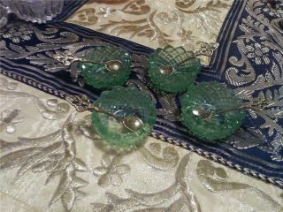 4 Green Vintage Cut Glass Open Salts W 4 Silver Spoons