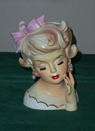 Vintage Ceramic Head Vase Rubens 489 Lady Curls Pink Hair Bow Japan 6 "