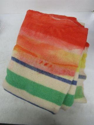 Vintage 100 Wool Blanket Throw Colored Stripe Red Orange Yellow Green Cream
