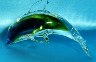 Vintage Hand Blown Blue Green Clear Glass Dolphin Figurine Paperweight Vt3318