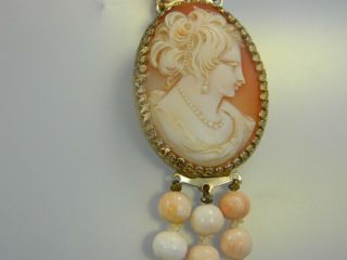 Exquisite Vintage Coral Cameo Pendant/Brooch Triple Strand Beaded 26 