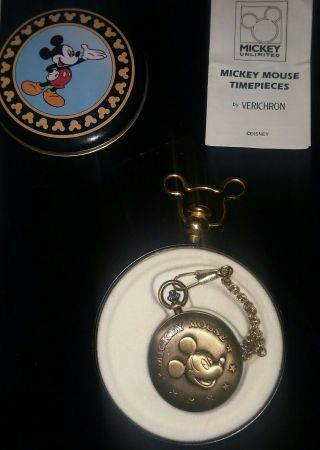 Vintage Walt Disney Mickey Mouse Pocket Watch With Chain And Tin,  Verichron