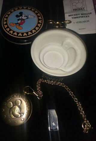 Vintage Walt Disney Mickey Mouse Pocket Watch with Chain and Tin,  Verichron 2