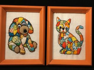 Vtg 70s Framed Crewel Embroidery Cat & Dog Patchwork 6x8 " Frame Kitty & Puppy ❤️