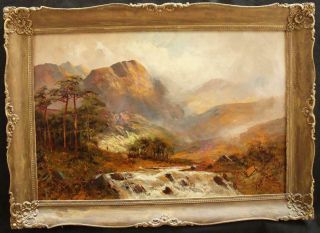Large 19th Century Misty Highland River Landscape Antique Oil Painting