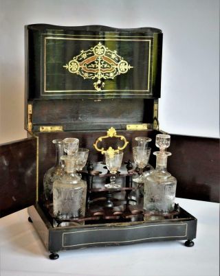 Antique French Napoleon Iii Ebony Inlaid Brass Cave A Liqueur Decanter Box
