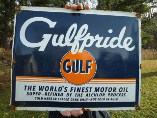 Old Vintage Gulfpride Gasoline Motor Oil Porcelain Enamel Gulf Gas Pump Sign