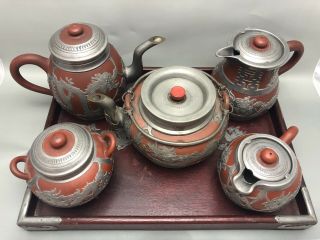 19th Century Rare Antique Chinese Yixing Zisha Teapot Set Pewter Encased Marked