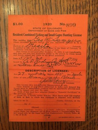 Antique 1920 State Of Colorado Hunting And Fishing License