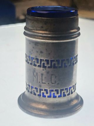 Old Monogrammed Sterling Silver & Blue Cobalt Glass Vtg Powder Stash Jar Mlc