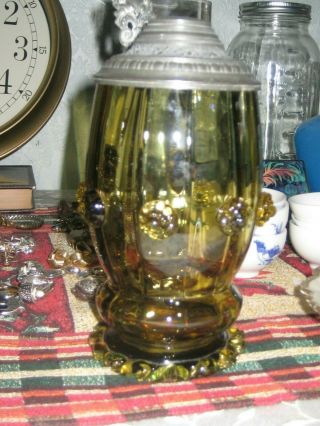 Antique German Beer Stein - Amber Glass With Prunts And Ruffled Base