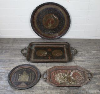 Large Quantity Of Vintage Indian Brass Trays To Include Temple & Peacock Designs