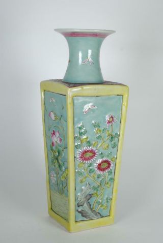 Rare Antique Chinese Famille Rose Square Porcelain Vase W Flowers,  Republic Pd