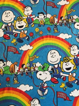 Vintage Peanuts Gang Snoopy Marathon Rainbow Twin Bed Sheet Charlie Brown Guc