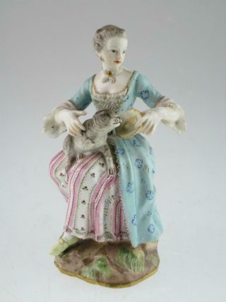 Antique 19th Century Porcelain Meissen Figure Lady With Dog Circa 1850