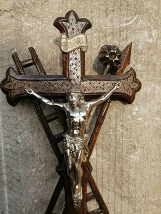 Antique Altar Standing Carved Wood Cross Crucifix Tools Of Passion Jesus