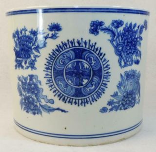 Antique Chinese Double Ring Mark Hand Painted Blue White Porcelain Brush Holder