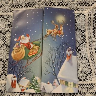 Vintage Greeting Card Christmas Santa Claus Sleigh Sky Blue Reindeer