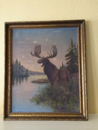 Vintage/antique Art Nouveau Moose Oil Painting Signed By Tm Cahalan