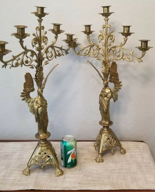 Pair Antique Vintage 5 Candle Candelabra Church Religious Altar Brass/bronze