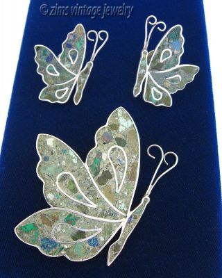 Vintage Old Mexican Sterling Silver Inlaid Stone Butterfly Pin Brooch Earrings
