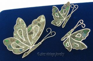 Vintage old MEXICAN Sterling silver inlaid stone Butterfly PIN brooch Earrings 2