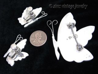 Vintage old MEXICAN Sterling silver inlaid stone Butterfly PIN brooch Earrings 3