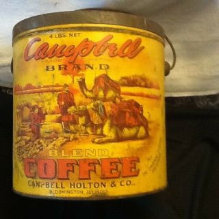 VINTAGE CAMPBELL BRAND COFFEE TIN CAN ADVERTISING 4 LB SIZE M - 32 2 2