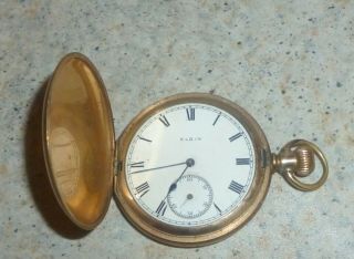 Vintage 7 Jewels Elgin Full Hunter Gold Plated Pocket Watch In Order