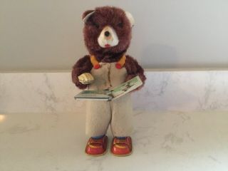 Vintage Mechanical Wind Up Cubby The Reading Bear With Book,  Japan