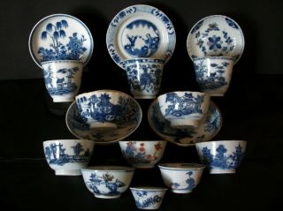16x Piece 18th C Chinese Export Blue And White Tea Bowl Cup Saucer Dish Vase A/f