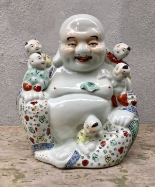 Old 9” China Chinese Famille Rose Porcelain Happy Buddha Statue Incised Vintage