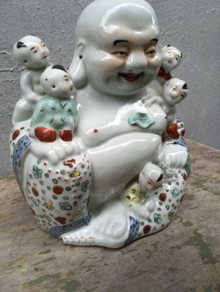 Old 9” China Chinese Famille Rose Porcelain Happy Buddha Statue Incised Vintage 2