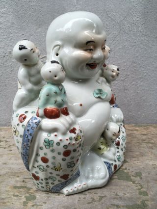 Old 9” China Chinese Famille Rose Porcelain Happy Buddha Statue Incised Vintage 3