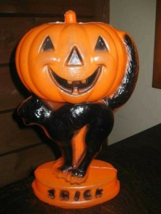 Vtg General Foam Plastics Halloween Blow Mold Pumpkin W/ Black Cat Trick Treat