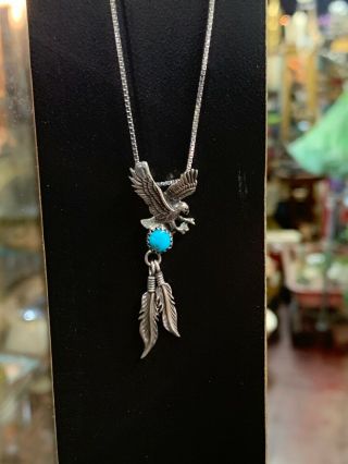Vintage Sterling Silver Native American Turquoise Eagle Feather Pendant