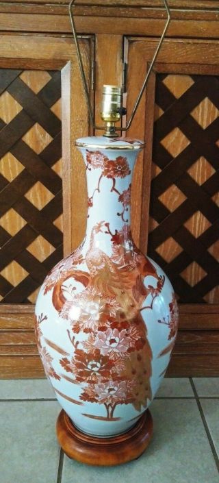 Rare Vintage Japanese Kutani Meiji Porcelain Vase Table Lamp Hollywood Regency