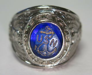 Vintage U.  S.  Navy Usn Kinney Sterling Silver Blue Stone Ring Sz.  10 3/4 14g