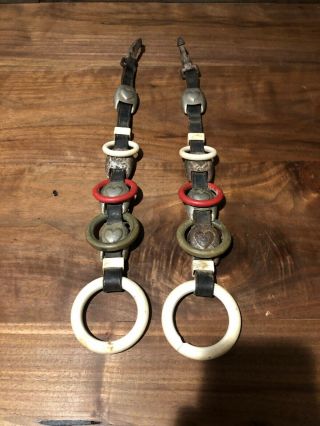 Vintage Pair Horse Harness Line Spreader Rings Leather Straps W/ Heart Buckles