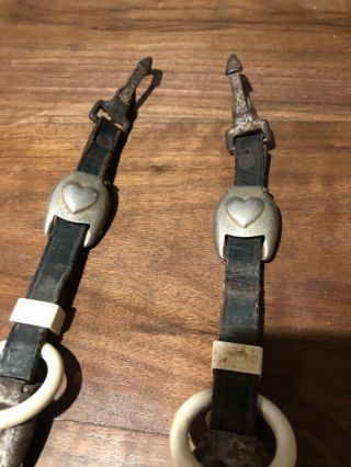 Vintage Pair Horse Harness Line Spreader Rings Leather Straps w/ Heart Buckles 2