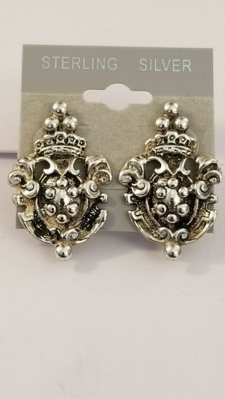 Vintage Sterling Silver Crown Shield Coat Of Arms Screw Back Earrings