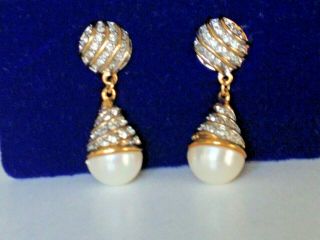 Signed Nina Ricci Vintage Gold Tone Faux Pearl Dangle Clip On Earrings.