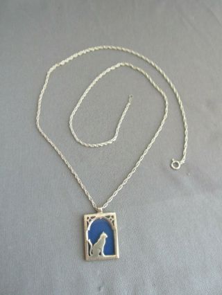 Vintage Sterling Kitty Cat Blue Stained Glass Window Slide Pendant Necklace