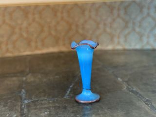 Vintage Miniature Dollhouse Artisan Blue Opaline Fluted Edge Glass Vase Red Trim