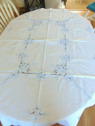 Vintage Fine White Linen Tablecloth W/cutwork/pale Blue Embroidery 47x63