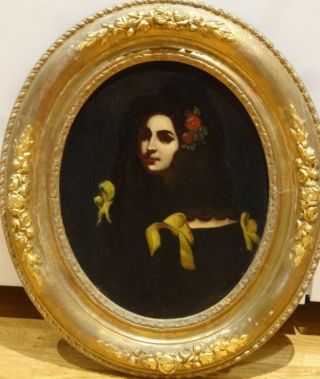19th Century Portrait Of A Spanish Lady " Rosina " Wearing Black Antique Oil
