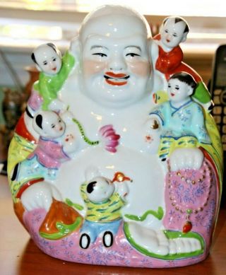 Vintage Chinese Porcelain Laughing Buddha Figure W/ 5 Children