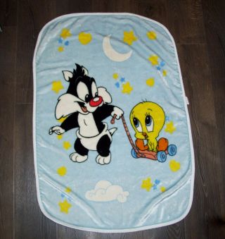 Vtg Baby Looney Tunes Sylvester Tweety Bird Blue Blanket Throw 2001 Plush Lovey