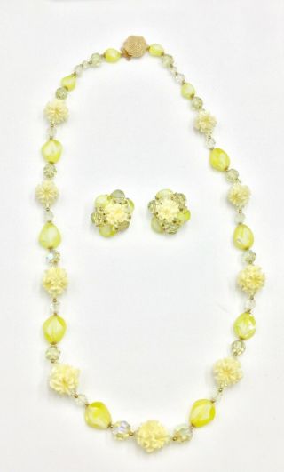 Vintage Yellow Glass & Flowers Necklace With Matching Clip On Earrings