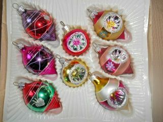 Vintage Box Of 8 1 1/2 " Glass Christmas Ornaments Commodore Glitter Indent